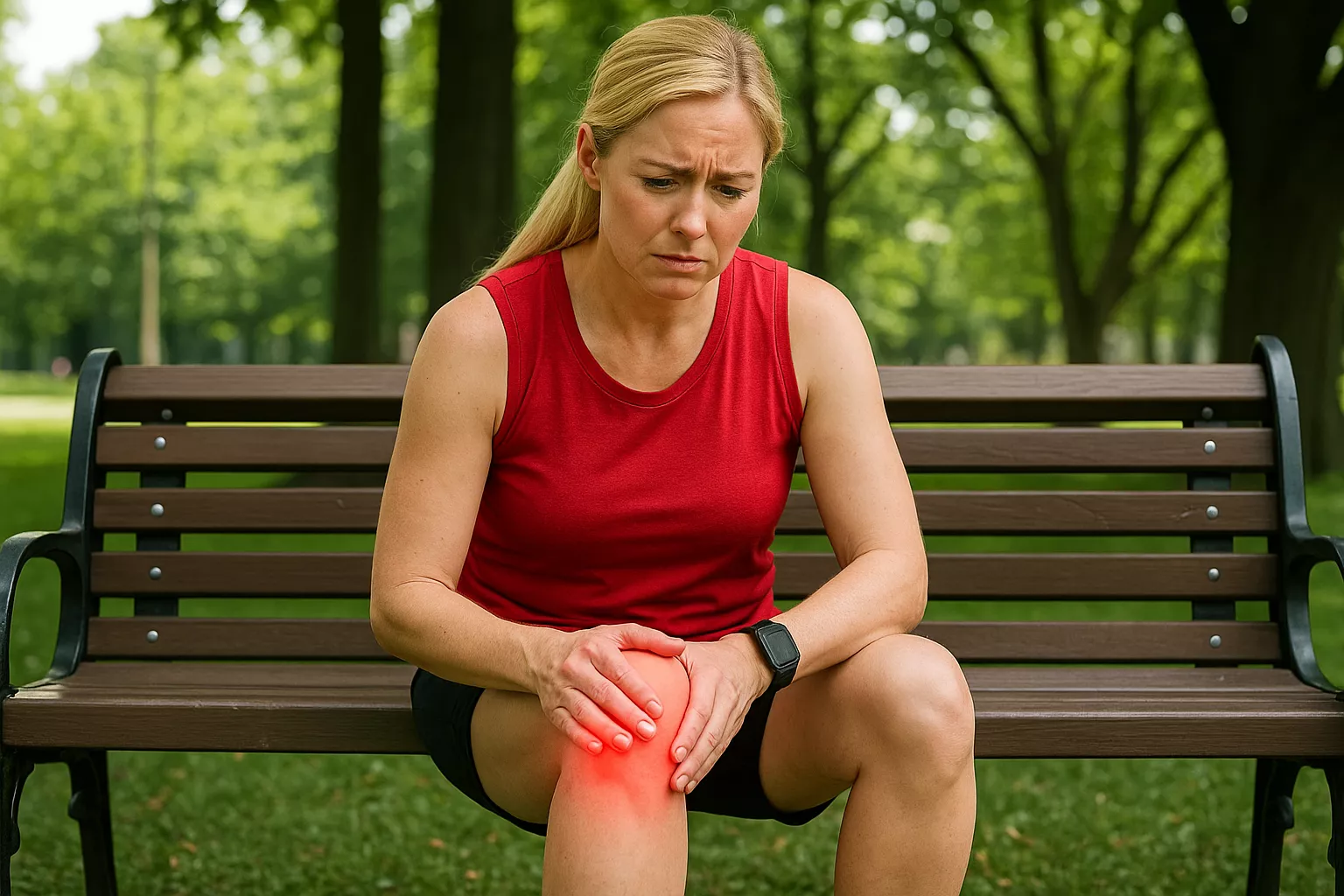 Mulher com a mão no joelho durante o treino