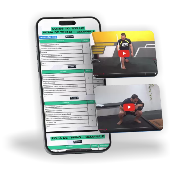 Celular mostrando a ficha de treino Dores no Joelho e os vídeos do guia